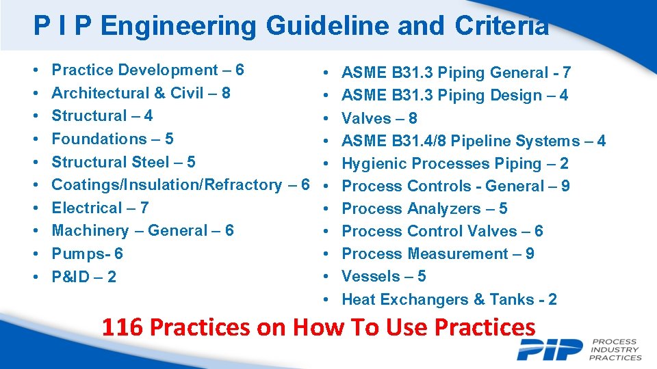 P I P Engineering Guideline and Criteria • • • Practice Development – 6