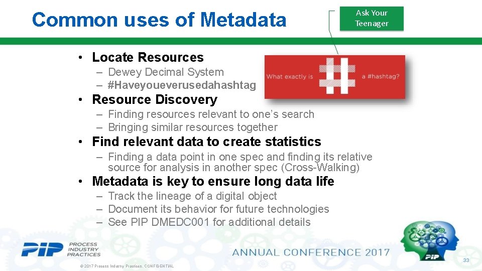 Common uses of Metadata Ask Your Teenager • Locate Resources – Dewey Decimal System