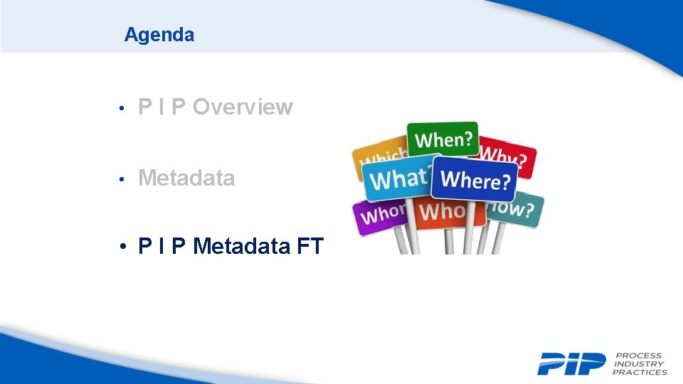 Agenda • P I P Overview • Metadata • P I P Metadata FT