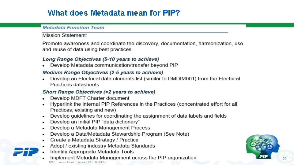 What does Metadata mean for PIP? 50 © 2017 Process Industry Practices. CONFIDENTIAL 