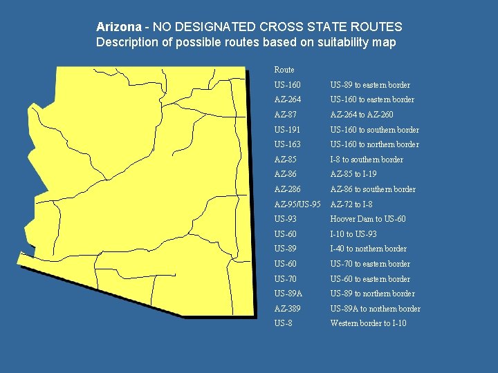 Arizona - NO DESIGNATED CROSS STATE ROUTES Description of possible routes based on suitability