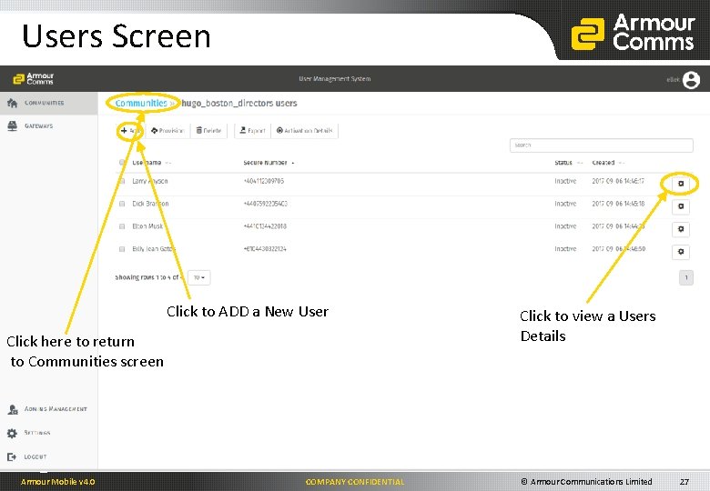 Users Screen Click to ADD a New User Click here to return to Communities