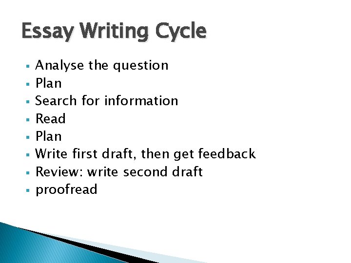 Essay Writing Cycle § § § § Analyse the question Plan Search for information
