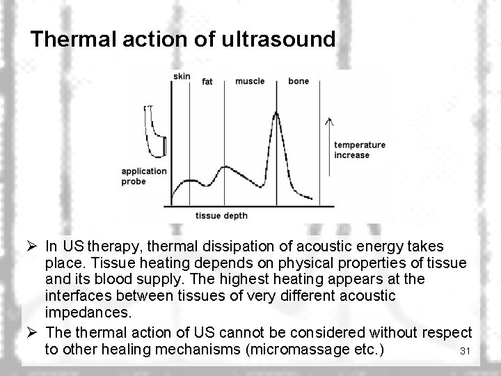 Thermal action of ultrasound Ø In US therapy, thermal dissipation of acoustic energy takes