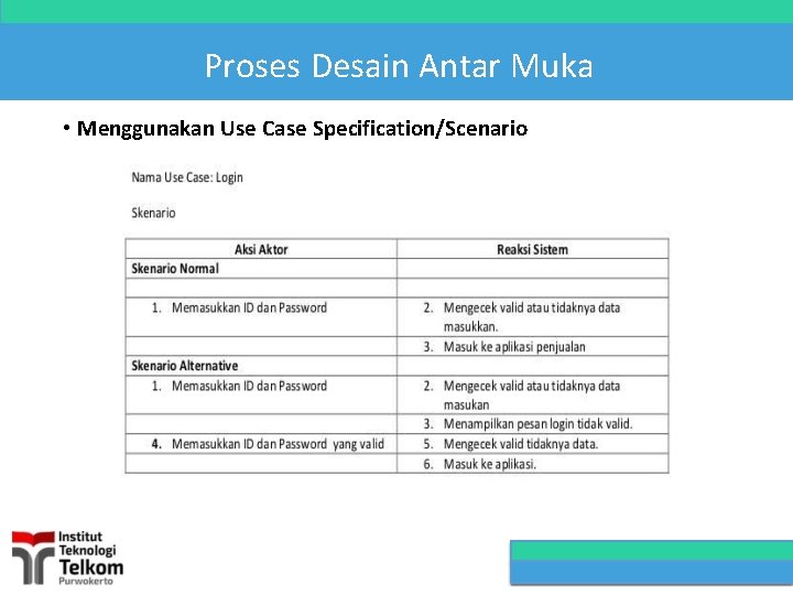 Proses Desain Antar Muka • Menggunakan Use Case Specification/Scenario 