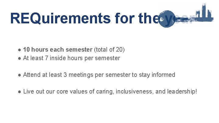 REQuirements for the year ● 10 hours each semester (total of 20) ● At