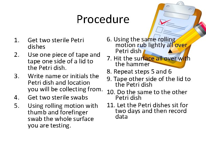 Procedure 1. 2. 3. 4. 5. Get two sterile Petri dishes Use one piece