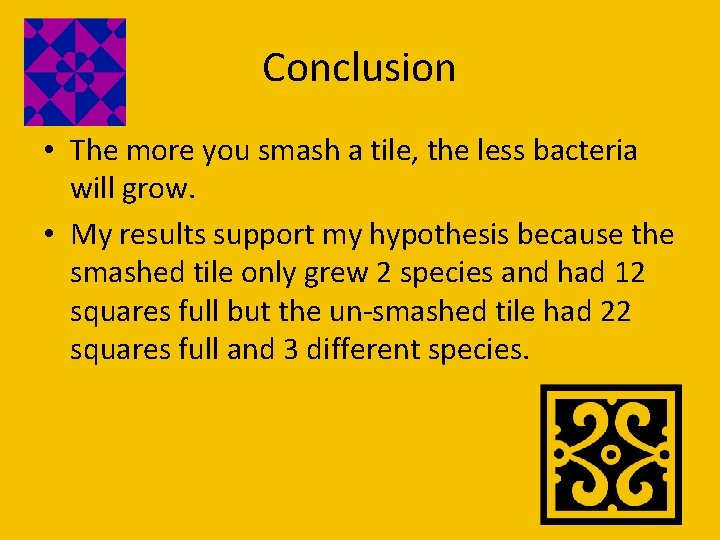Conclusion • The more you smash a tile, the less bacteria will grow. •