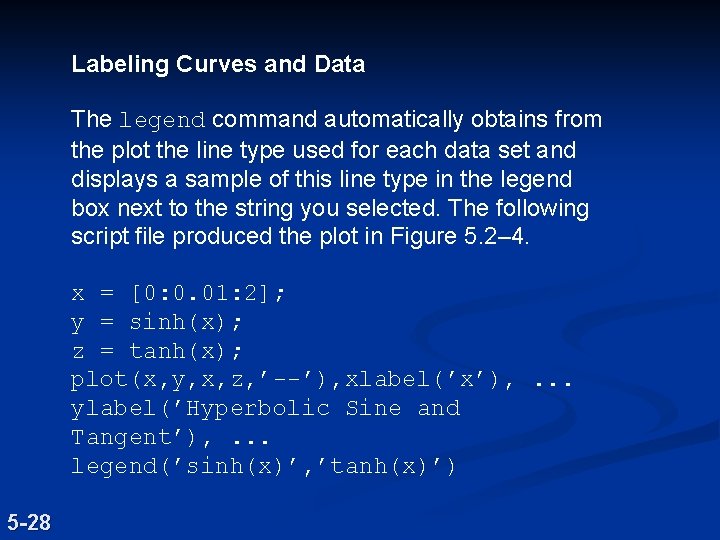 Labeling Curves and Data The legend command automatically obtains from the plot the line Labeling Curves and Data The legend command automatically obtains from the plot the line