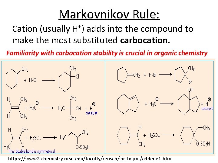 Markovnikov Rule: Cation (usually H+) adds into the compound to make the most substituted