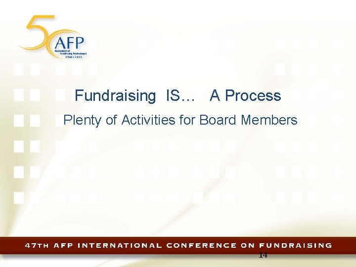 Fundraising IS… A Process Plenty of Activities for Board Members 14 