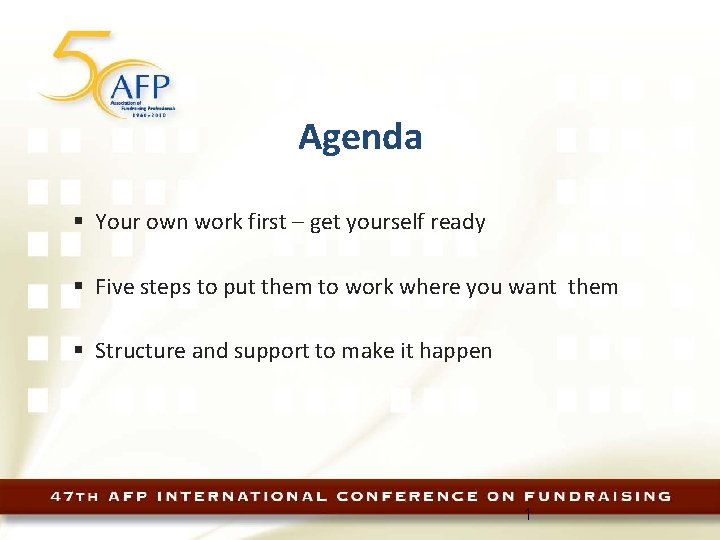 Agenda § Your own work first – get yourself ready § Five steps to