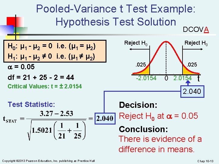 Pooled-Variance t Test Example: Hypothesis Test Solution DCOVA H 0: μ 1 - μ