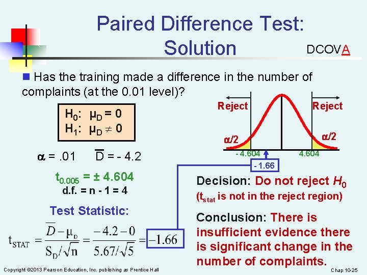 Paired Difference Test: DCOVA Solution n Has the training made a difference in the