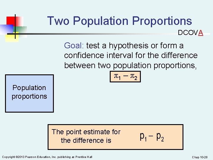 Two Population Proportions DCOVA Goal: test a hypothesis or form a confidence interval for