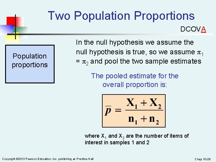 Two Population Proportions DCOVA Population proportions In the null hypothesis we assume the null