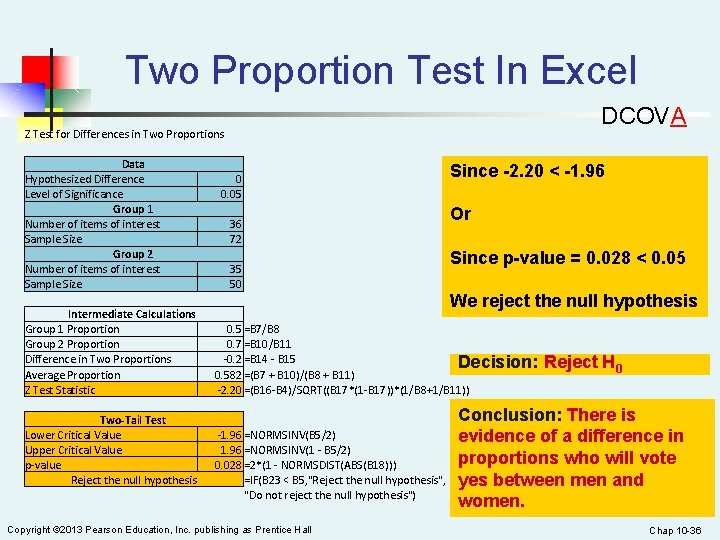 Two Proportion Test In Excel DCOVA Z Test for Differences in Two Proportions Data