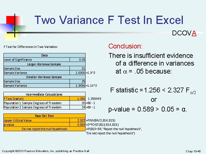 Two Variance F Test In Excel DCOVA F Test for Differences in Two Variables