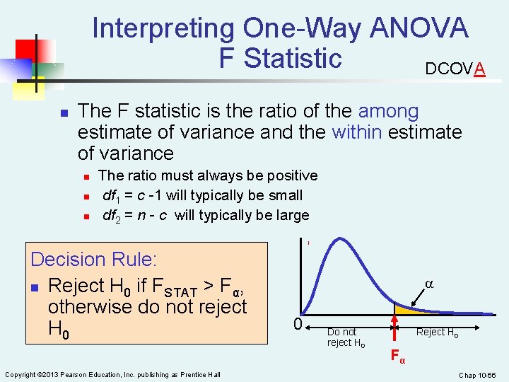 Interpreting One-Way ANOVA F Statistic DCOVA n The F statistic is the ratio of