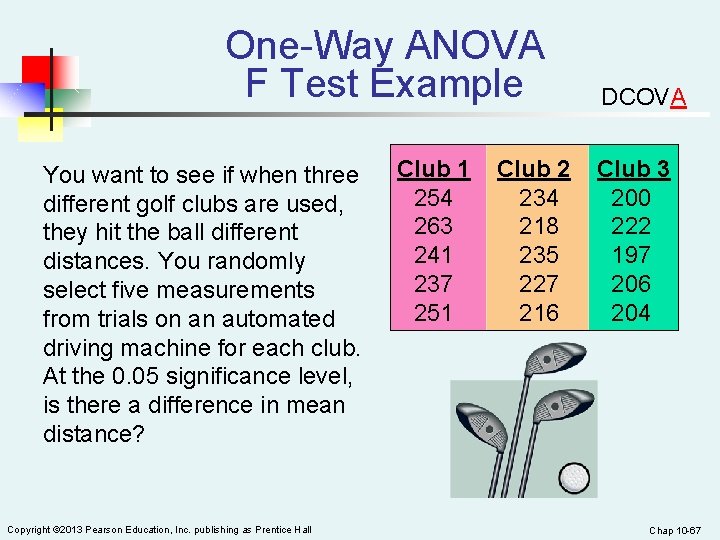 One-Way ANOVA F Test Example You want to see if when three different golf