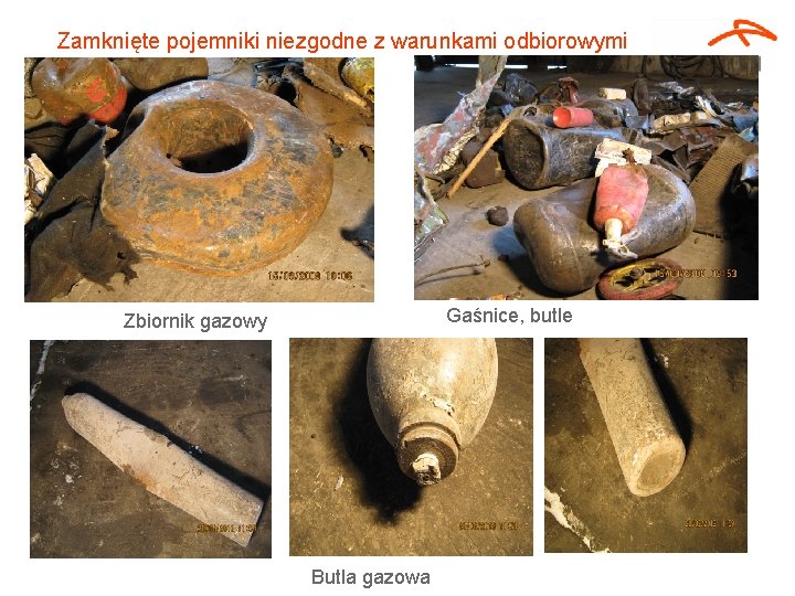Zamknięte pojemniki niezgodne z warunkami odbiorowymi Gaśnice, butle Zbiornik gazowy Butla gazowa 