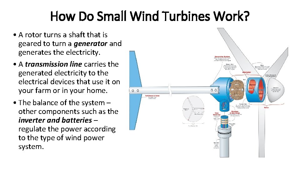 How Do Small Wind Turbines Work? • A rotor turns a shaft that is