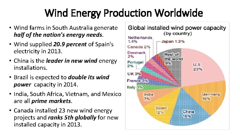 Wind Energy Production Worldwide • Wind farms in South Australia generate half of the