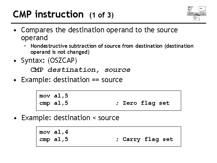 CMP instruction (1 of 3) • Compares the destination operand to the source operand
