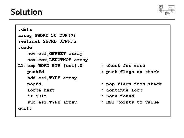Solution. data array SWORD 50 DUP(? ) sentinel SWORD 0 FFFFh. code mov esi,