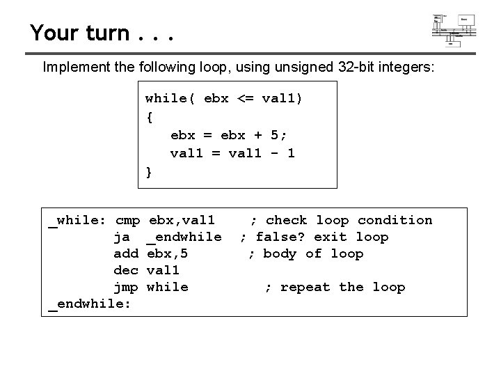 Your turn. . . Implement the following loop, using unsigned 32 -bit integers: while(