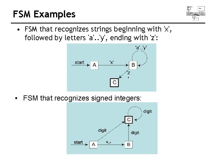 FSM Examples • FSM that recognizes strings beginning with 'x', followed by letters 'a'.