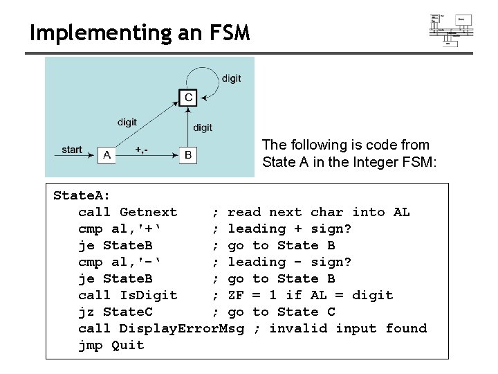 Implementing an FSM The following is code from State A in the Integer FSM: