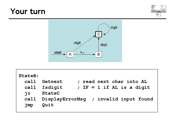Your turn State. B: call jz call jmp Getnext ; read next char into