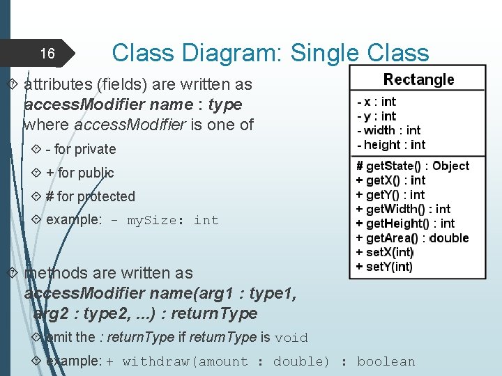 16 Class Diagram: Single Class attributes (fields) are written as access. Modifier name :