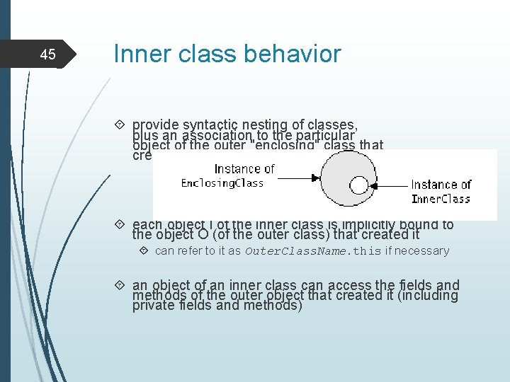 45 Inner class behavior provide syntactic nesting of classes, plus an association to the