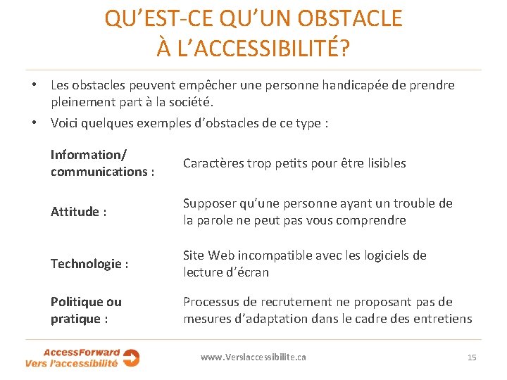 QU’EST-CE QU’UN OBSTACLE À L’ACCESSIBILITÉ? • Les obstacles peuvent empêcher une personne handicapée de