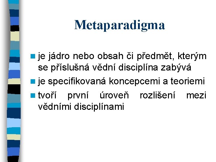 Metaparadigma n je jádro nebo obsah či předmět, kterým se příslušná vědní disciplína zabývá