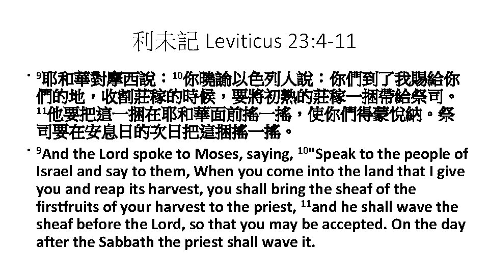 利未記 Leviticus 23: 4 -11 • 9耶和華對摩西說： 10你曉諭以色列人說：你們到了我賜給你 • 們的地，收割莊稼的時候，要將初熟的莊稼一捆帶給祭司。 11他要把這一捆在耶和華面前搖一搖，使你們得蒙悅納。祭 司要在安息日的次日把這捆搖一搖。 9 And