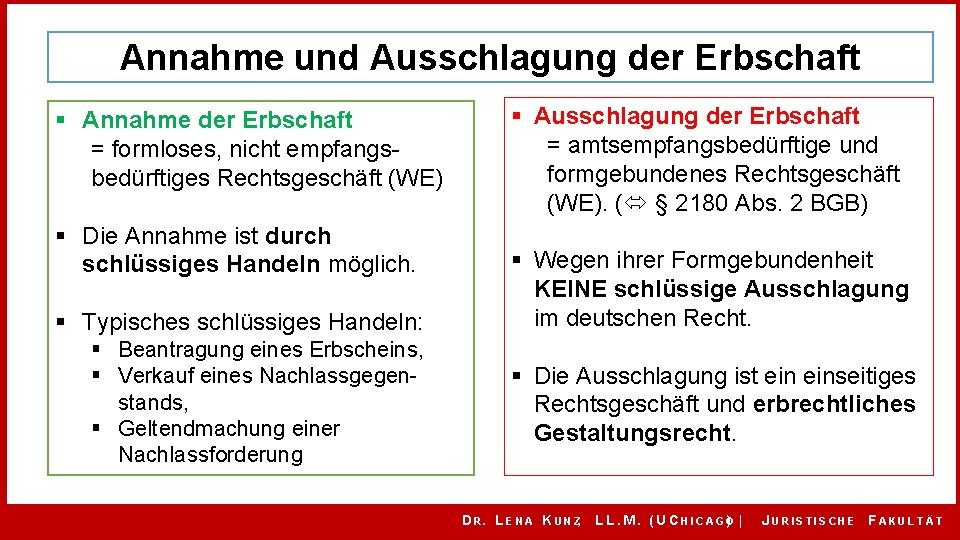 Annahme und Ausschlagung der Erbschaft § Annahme der Erbschaft = formloses, nicht empfangsbedürftiges Rechtsgeschäft