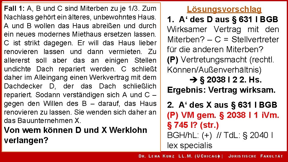 Fall 1: A, B und C sind Miterben zu je 1/3. Zum Nachlass gehört