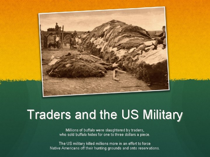 Traders and the US Military Millions of buffalo were slaughtered by traders, who sold