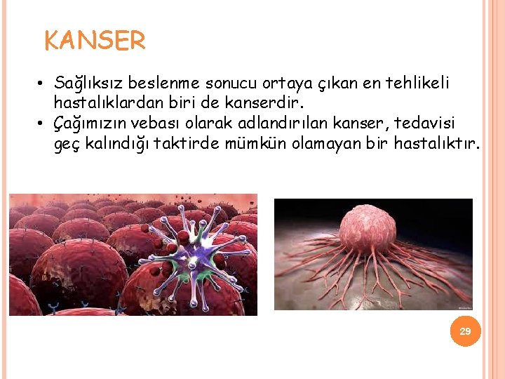 KANSER • Sağlıksız beslenme sonucu ortaya çıkan en tehlikeli hastalıklardan biri de kanserdir. •