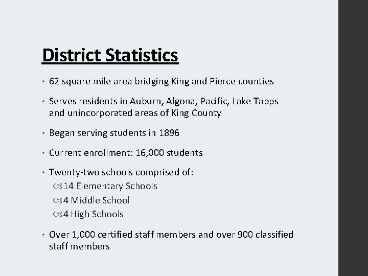 District Statistics • 62 square mile area bridging King and Pierce counties • Serves