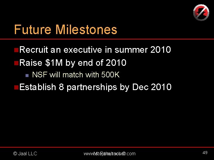 Future Milestones n. Recruit an executive in summer 2010 n. Raise $1 M by