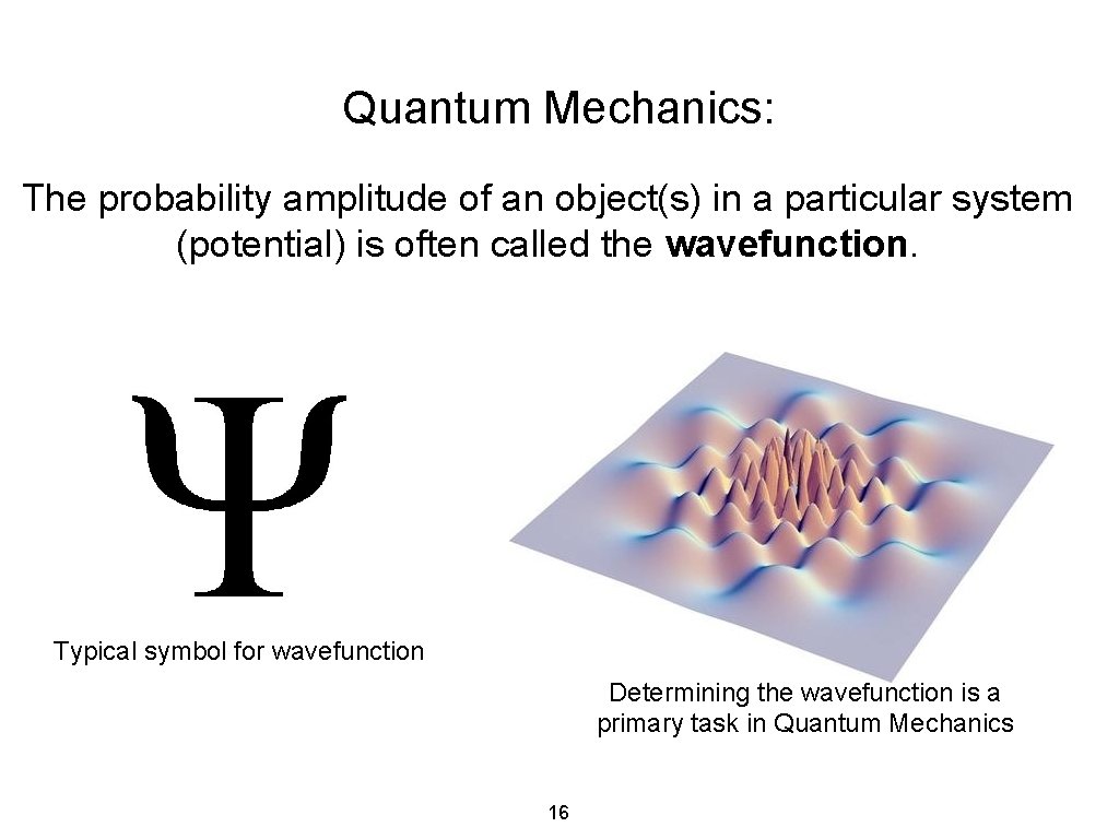 Quantum Mechanics: The probability amplitude of an object(s) in a particular system (potential) is