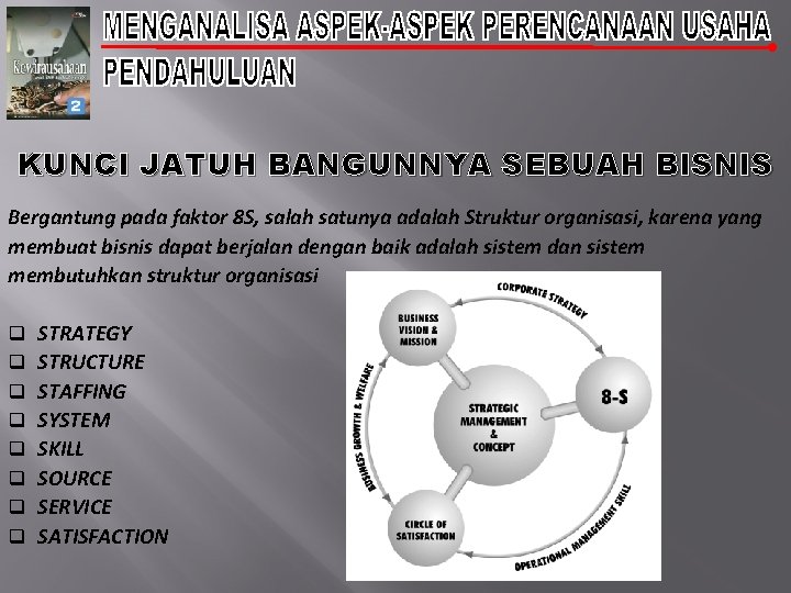 KUNCI JATUH BANGUNNYA SEBUAH BISNIS Bergantung pada faktor 8 S, salah satunya adalah Struktur