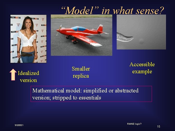 “Model” in what sense? Idealized version Smaller replica Accessible example Mathematical model: simplified or