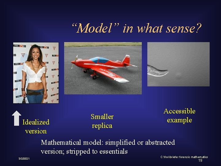 “Model” in what sense? Idealized version Smaller replica Accessible example Mathematical model: simplified or