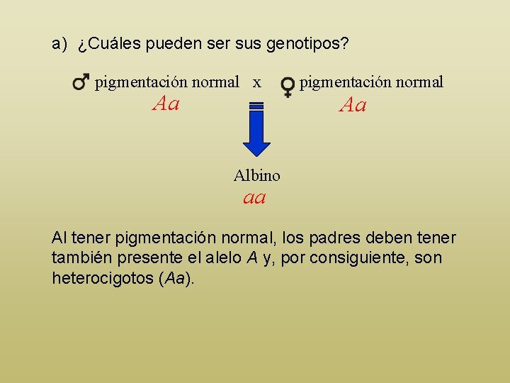 a) ¿Cuáles pueden ser sus genotipos? pigmentación normal x Aa pigmentación normal Aa Albino