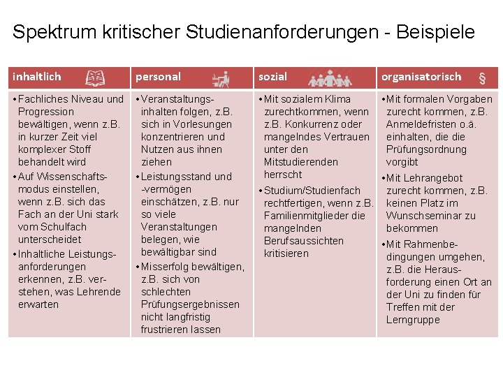 Spektrum kritischer Studienanforderungen - Beispiele inhaltlich personal sozial organisatorisch • Fachliches Niveau und Progression